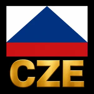 Česká vlajka modrým klínem nahoru a pod vlajkou velkým zlatým písmem CZE