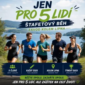 Jen text pro 5 lidí ženské a chlapy na štafetovy běh závod kolem Lipna