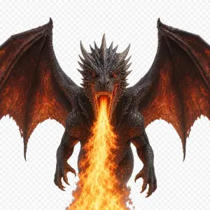 Drogon z games of Thrones rozzuřený s ohnem roztažené kridla a zepredu bez pozadí