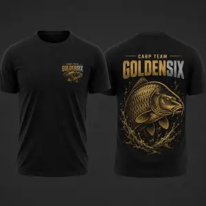 Jsme Carp team goldensix takze název temu na záda s nejlépe kaprem a na přední část ve předu zmenšena verze loga