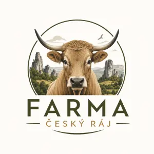 chci logo Farma Český ráj, které bude moderní, koukavé s Aubrac rohatou krávou a s odkazem na český ráj. Ne tak uměle