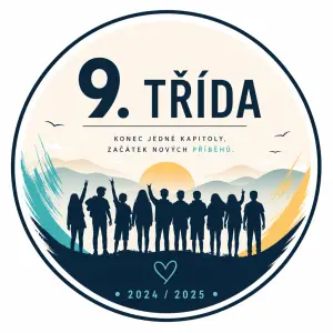 seznam dětí, název 9. třída, nějaké téma vymysli, konec roku, logo v kruhovém tvaru, moderní