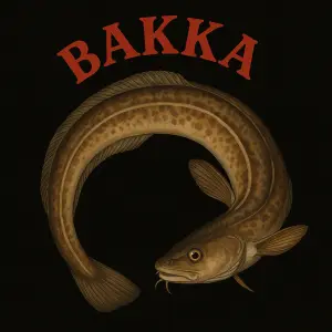 "Mník mořský (Molva molva) prohnutý do kruhu na černém pozadí. Nad mníkem do oblouku vyveden nápis v červené barvě Bakka