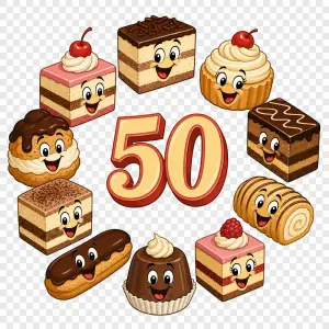 Skupina rozesmátých retro zákusků rozmístěných do kruhu kolem číslovky 50, cartoon, bez pozadí