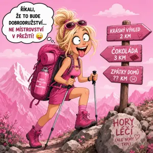 Růžový obrázek vtipný blonďaté holky na túře na horách