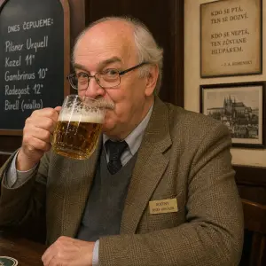 Pan Docent Josef Horálek který popíjí pivo