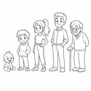 cartoon styl pěti postaviček různě starých, jednobarevné