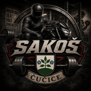 Motiv ve kterém bude logo s motivem posilovny a motorkáře se jménem Sakoš a názvem či logem obce Čučice