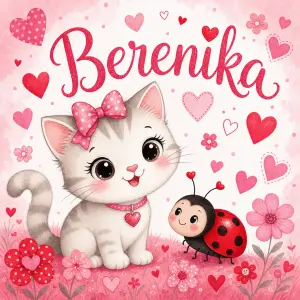 Vesely holcici obrazek. Ruzova cervena. Kocka a mala beruska. Nápis Berenika.