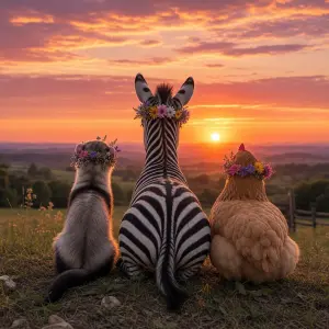 Fretka zebra i slepice s kitičkami na hlavě kteří se koukají na západ slunce