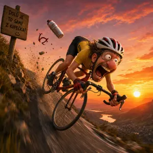Humorný cyklista letící střemhlav z kopce při západu slunce