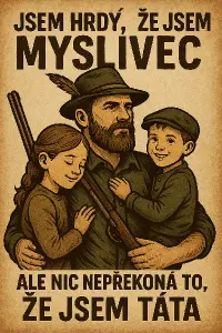 Myslivecká tematika s popisem "jsem hrdý, že jsem myslivec, ale nic nepřekoná to, že jsem táta" obrazek dcery a syna