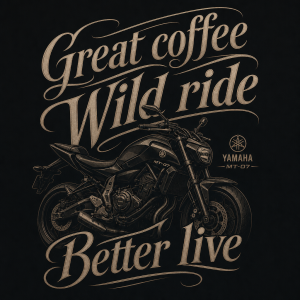 Nápis:
Great coffee
Wild ride
Better live
Napsáno elegantně, může se do toho zakomponovat motiv motorky MT-07 Yamaha