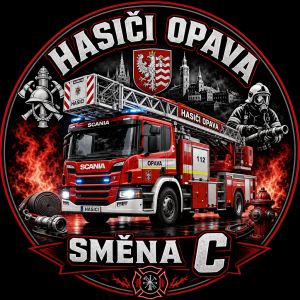 nahoře nápis HASIČI OPAVA, dole směna C, uprostřed hasičská Scania automobilový žebřík a hasičské motivy
