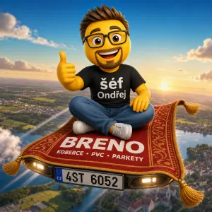 emoji se jménem šéf Ondřej,jeansy, triko bradka, dioptrické brýle sedící na létajícím koberci firmy BRENO s SPZ 4ST 6052