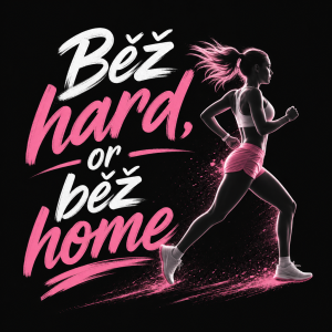 Udělej mi bílo růžový nápis “Běž hard, or běž home” a k tomu nejak pěkně přidej postavu běžkyně