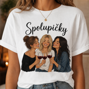 napiš na triko název "Spolupičky" a pod to nakresli tři kamarádky s třemi sklenicemi vína.