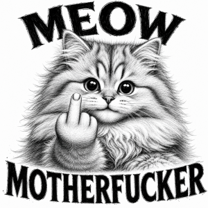 Huňatá hodně roztomilá kočka ukazuje prostředníček. Nahoře „MEOW“, dole „MOTHERFUCKER“. Černobílá detailní kresba.