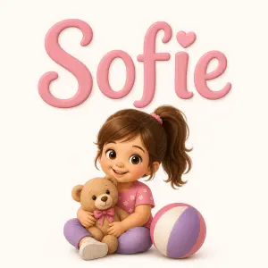 Jméno Sofie a pod tím hračku s míčem a hnědé vlasy v culíku