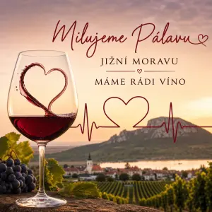 Milujeme Pálavu, Jižní Moravu, máme rádi víno. Na obrázku může být spojitost vínové sklenice, srdce, tepu