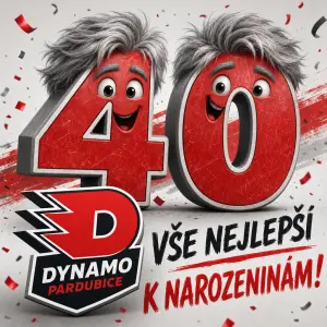 Velká číslice 40 se šedivýmy vlasy. Znak Dynamo Pardubice. Vše nejlepší k narozeninám.