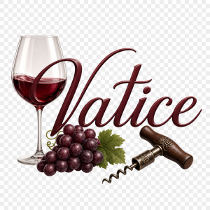 nápis Valdice, "d" opravené na "t", tématika s vínem bez krajinky - sklenička, hrozen, vývrtka. Bez pozadí