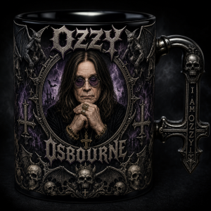 Chci kolem hrnku metalovou tematiku a ve stredu ozzy osbourne podobiznu