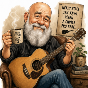 Starý Holohlavý pán s plnovousem a Hrnkem kávy v ruce a s kytarou karikatura