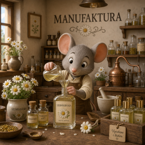 3D kreslená myš vyrábí v dílně parfém sedmikráska, na zdi je napsáno MANUFAKTURA
