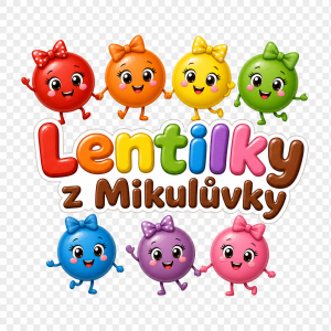 7 barevných roztomilých lentilek (dívky), s nápisem Lentilky z Mikulůvky bez pozadí