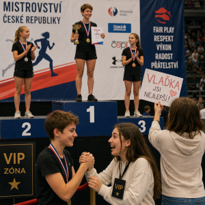 Vlaďka je krátkovlasá holka a je nejlepší stojí na stupních vítězů. Šárka jí fandí a potkává ji jako VIP, má radost