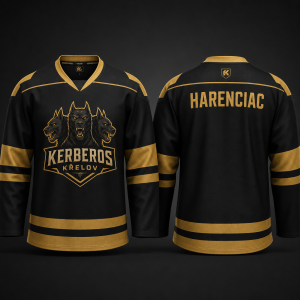 Udělej dres Kerberos Křelov kde vepredu bude logo Kerberos Křelov, barva dresu bude černo zlatá a vzadu bude Harenciac