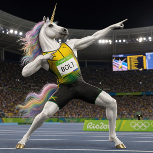 jednorožec ve vítězném postoji usain bolta