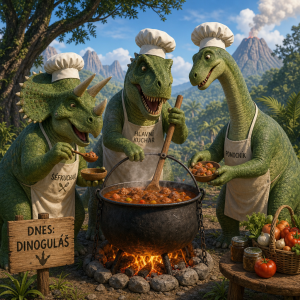 Chci tam tři dinosaury zelené jak vaří guláš v kotlíku.