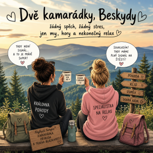 Obrazek hor Beskyd, a vtipny obrazek a napis dvou kamaradek krere relaxuji