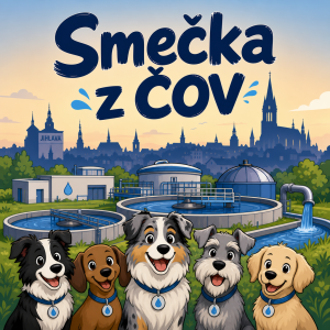 animovanou čistírnu odpadních vod a pozadí siluetu města jihlavy a nápis Smečka z ČOV