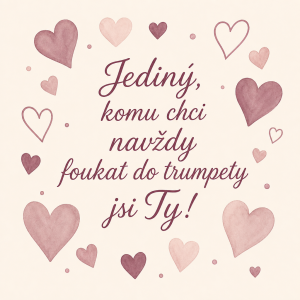 Něžná srdce barevně ladící s barvou hrnku rozmístěné okolo nápisu "Jediný, komu chci navždy foukat do trumpety jsi Ty!"