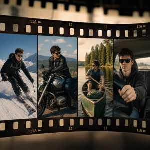 Generuj obrázek mladýho týpka na lyžích, BMW R1150R, kánoi, sedícího za volantem ve filmovém pásu