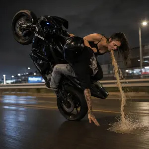motorka která jede po zadním kole a rukou se dotýká země
a blije tam holka na spolujezdci zvratky na zem