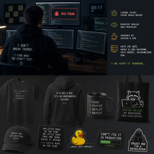 vystihoval programátorskou práci, třeba ladění chyb nebo nonstop dohled nad provozem a merch, který prodáváme