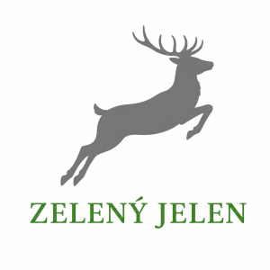 ŠEDÁ SILUETA JELENA PŘI SKOKU, POD NÍM NAPSÁNO ZELENÝ JELEN