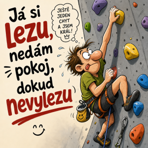 Obrázek lezecké stěny s lezcem nějak vtipně jako karikaturu.
nápis: Já si lezu, nedám pokoj, dokud nevylezu