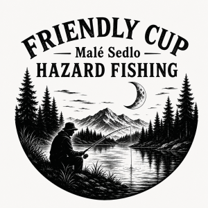 Napis FRIENDLY CUP, pod nim Malé Sedlo, pod nim HAZARD FISHING. Obrazek rybáře a mesic v lesni krajine. Vse odstinu čern