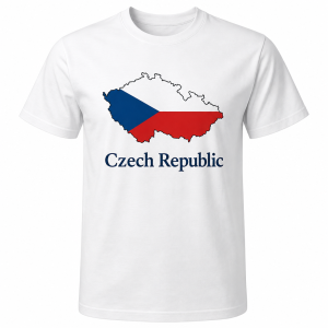 na přední straně trička mapu české republiky s českou vlajkou uvnitř a pod obrázkem anglický název Czech Republic