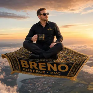 šéf Ondřej sedící na létajícím koberci z BRENA