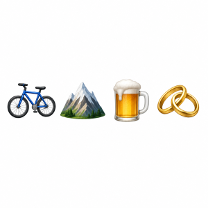 4 emotikony: Kolo, Hory, Pivo a prstýnky
ať to působí jako emotikony z whatsupp nebo messenger nebo zprávy z iphone.