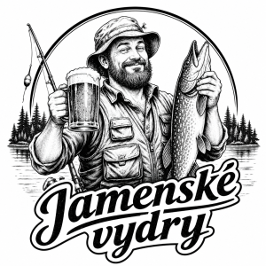 Rybář s pivem v ruce a rybou. Nápis: Jamenské vydry
Vše černobíle