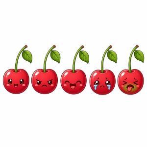 Roztomialá třešnička co se usmívá, druhá červená a vzteká se, další se směje, další brečí a další dělá?, chibi stil bez