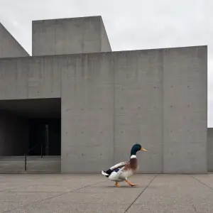 a duck waddling in front of some brutalist building. the duck can be colorful but ghe building should be very simple.