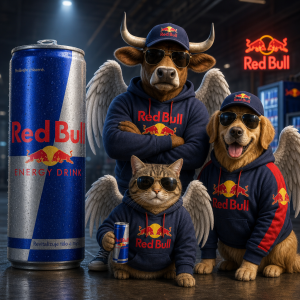 plechovka redbullu, a vedle ni zvirata v trickach s redbulem a kridly